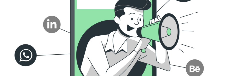 SNSアイコンに囲まれた発信のイラスト