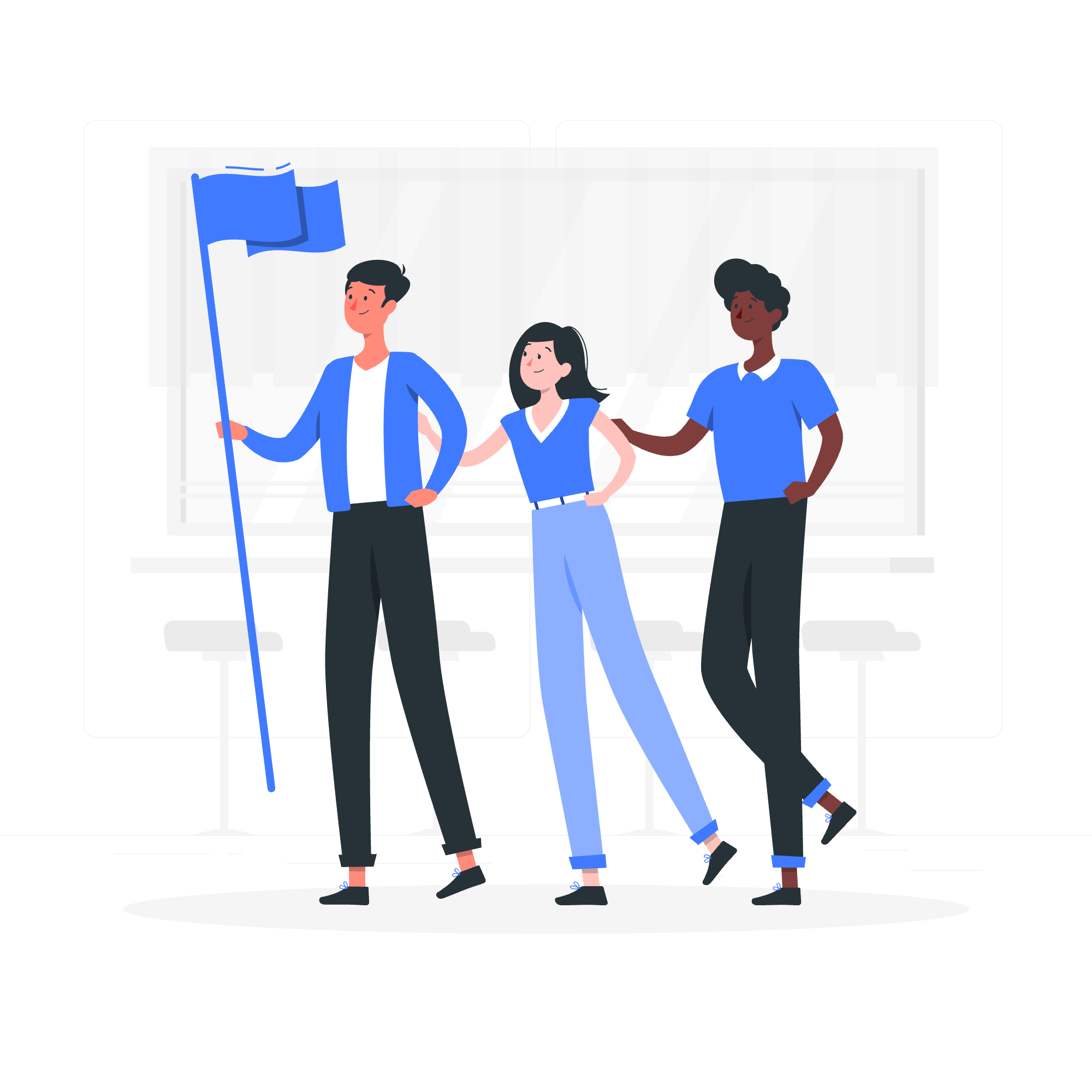 旗を掲げるチームのイラスト